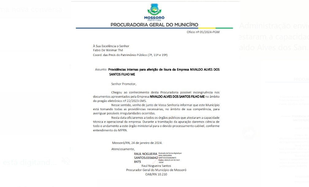 Transparência: Prefeitura de Mossoró comunica ao Ministério Público andamento de processo de licitação