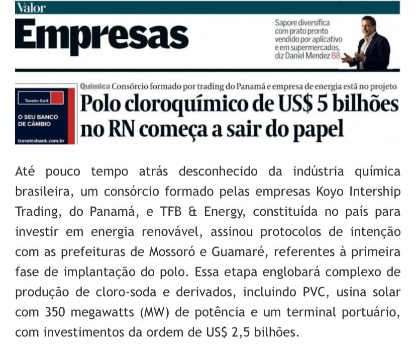 Instalação de Polo Cloroquímico em Mossoró e região é detaque no Valor Econômico